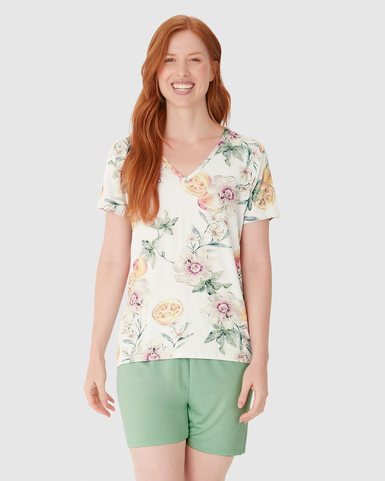 Pijama Curto Feminino Blusa Estampada Decote V Em Viscose Stretch