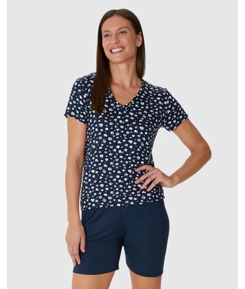 Pijama Curto Feminino Blusa Estampada Decote V Em Viscose Stretch