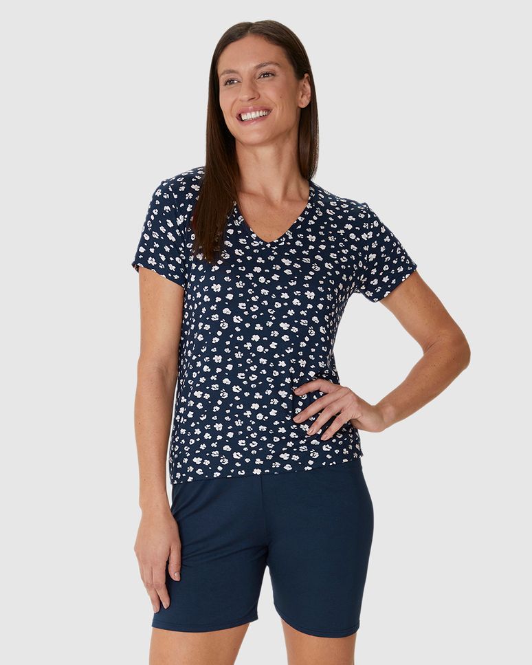 Pijama Curto Feminino Blusa Estampada Decote V Em Viscose Stretch