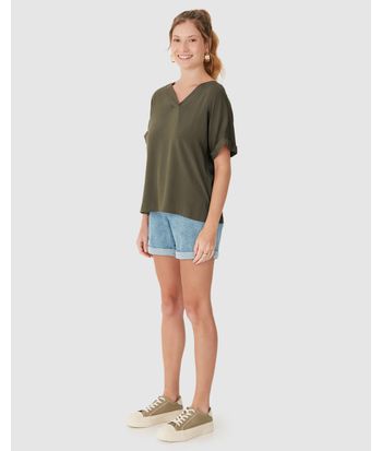 Blusa Feminina Decote V Manga Curta Dobrada Em Viscose