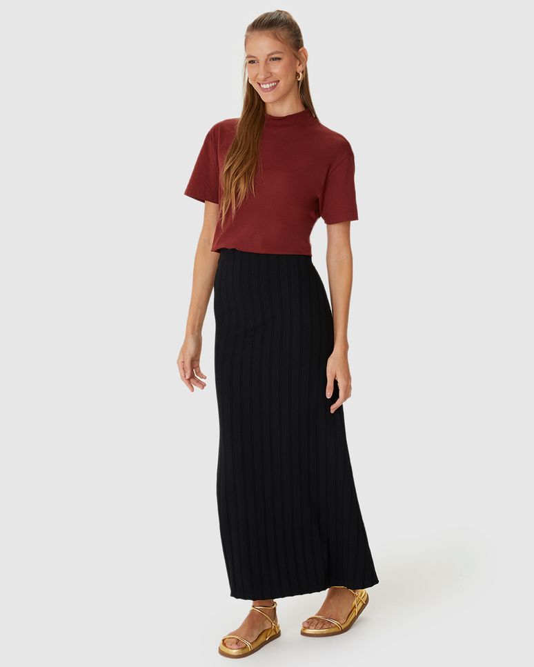 Saia Midi Feminina Evasê Cintura Alta Em Malha Viscose Canelada