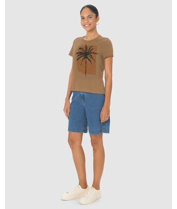 Camiseta Feminina Manga Curta Estampa Ilustrativa Coqueiro Em Algodão