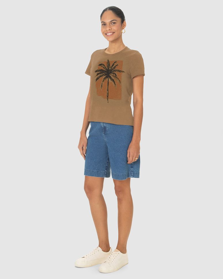 Camiseta Feminina Manga Curta Estampa Ilustrativa Coqueiro Em Algodão