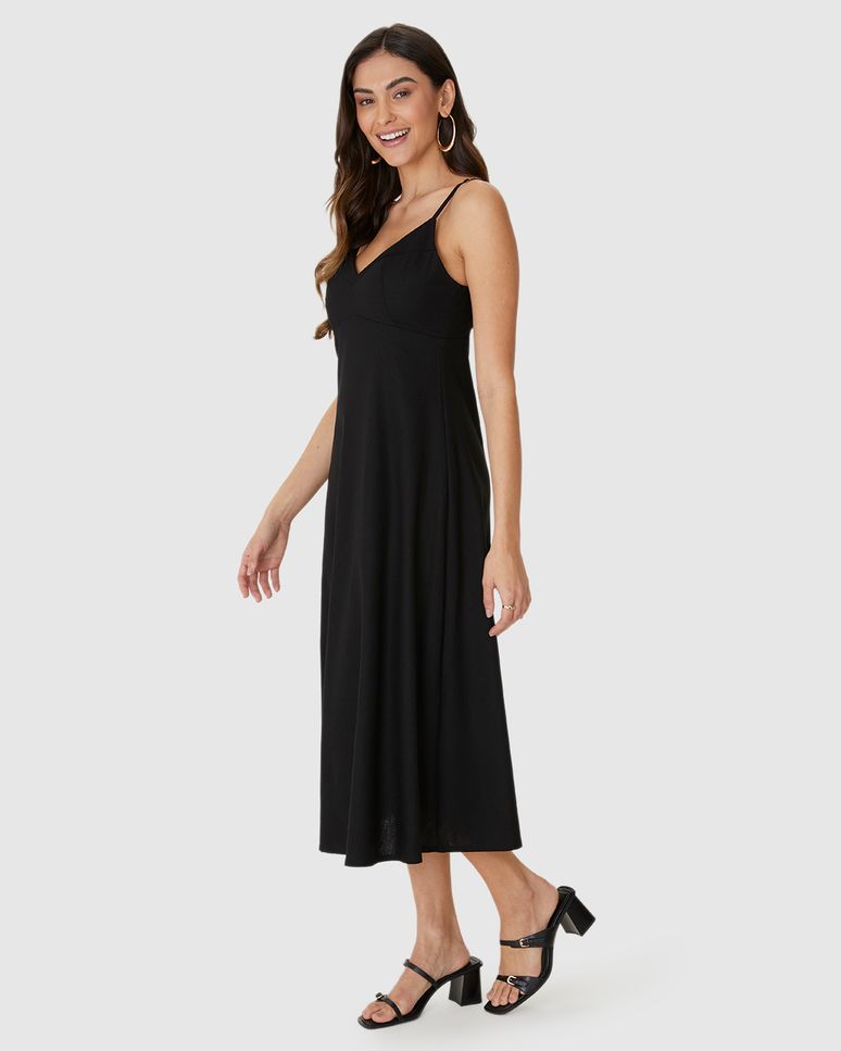 Vestido Midi Feminino Decote V Alça Fina Em Viscolinho