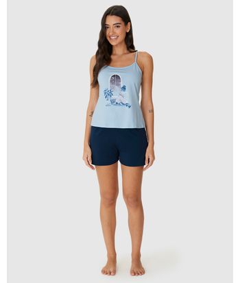 Pijama Curto Feminino Regata Alça Fina Estampa Com Glitter Em Algodão