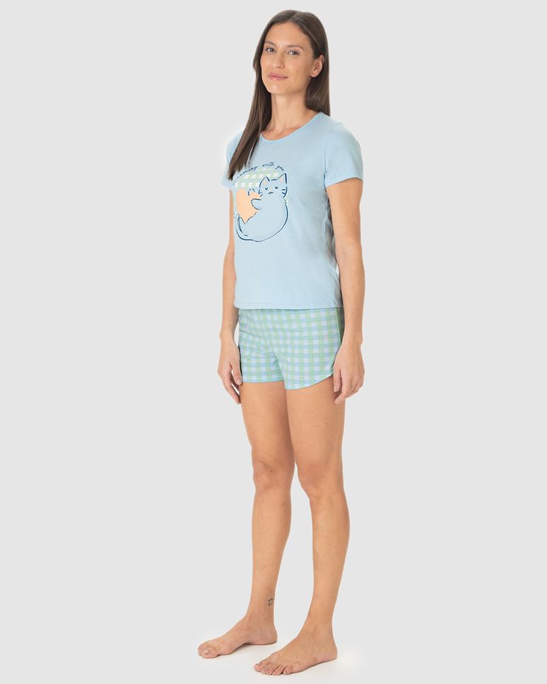 Pijama Curto Feminino Blusa Estampa Com Glitter Em Algodão