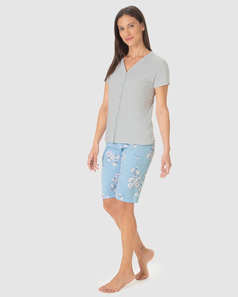 Pijama Curto Feminino Blusa Decote V Abotoamento Frontal Em Algodão