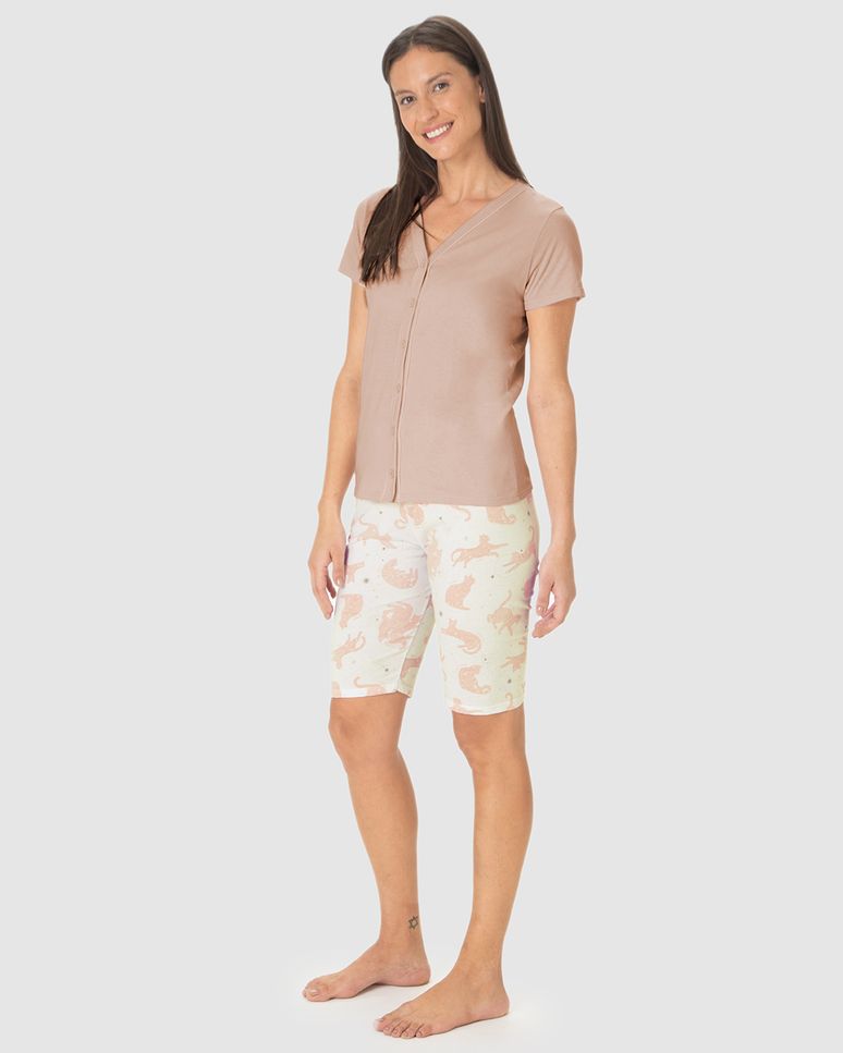 Pijama Curto Feminino Blusa Decote V Abotoamento Frontal Em Algodão