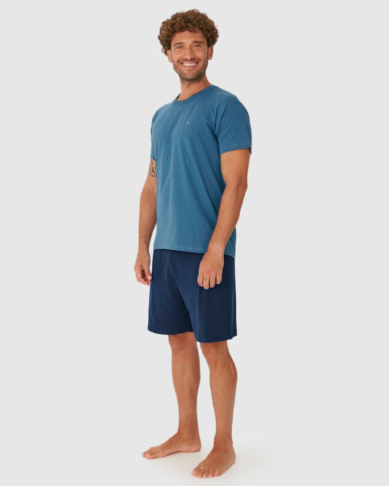 Pijama Curto Masculino Camiseta Bordado Peitoral Em Algodão