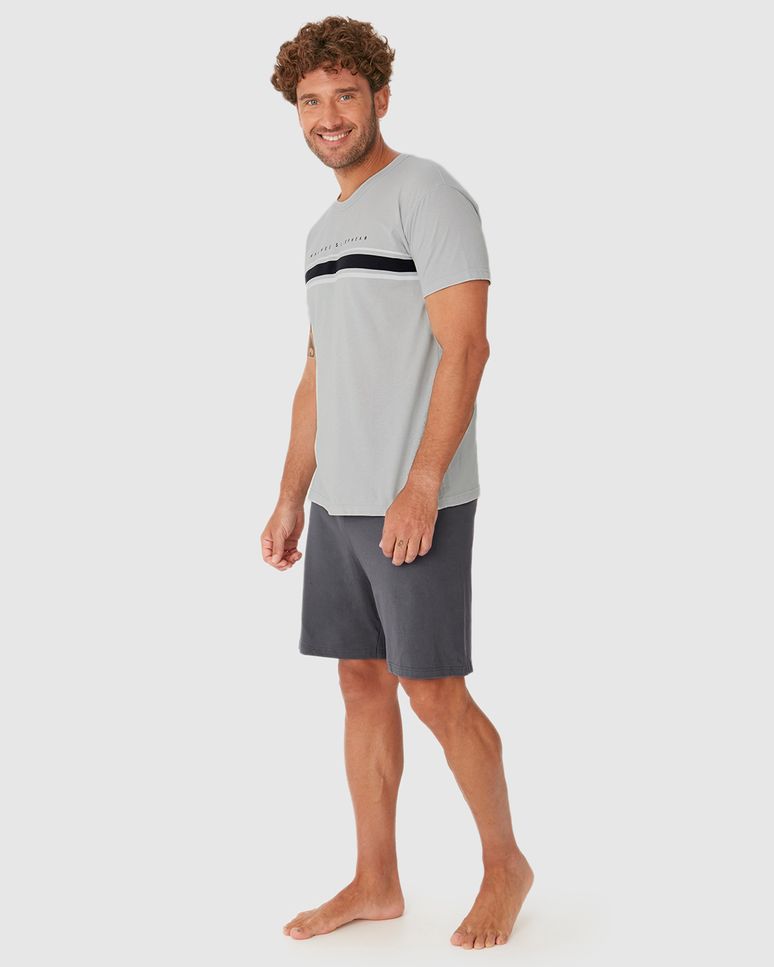 Pijama Curto Masculino Camista Manga Curta Listras Frontais Em Algodão