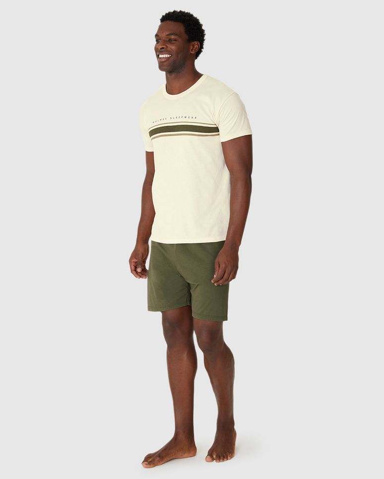 Pijama Curto Masculino Camista Manga Curta Listras Frontais Em Algodão