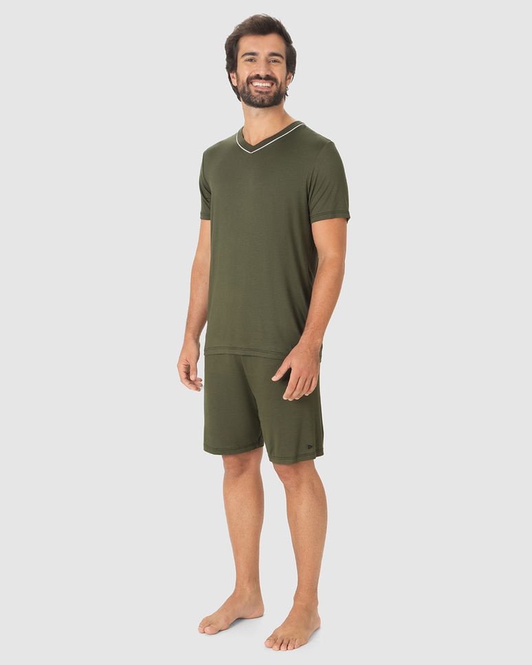 Pijama Curto Masculino Camiseta Decote V Contraste Em Viscose Stretch