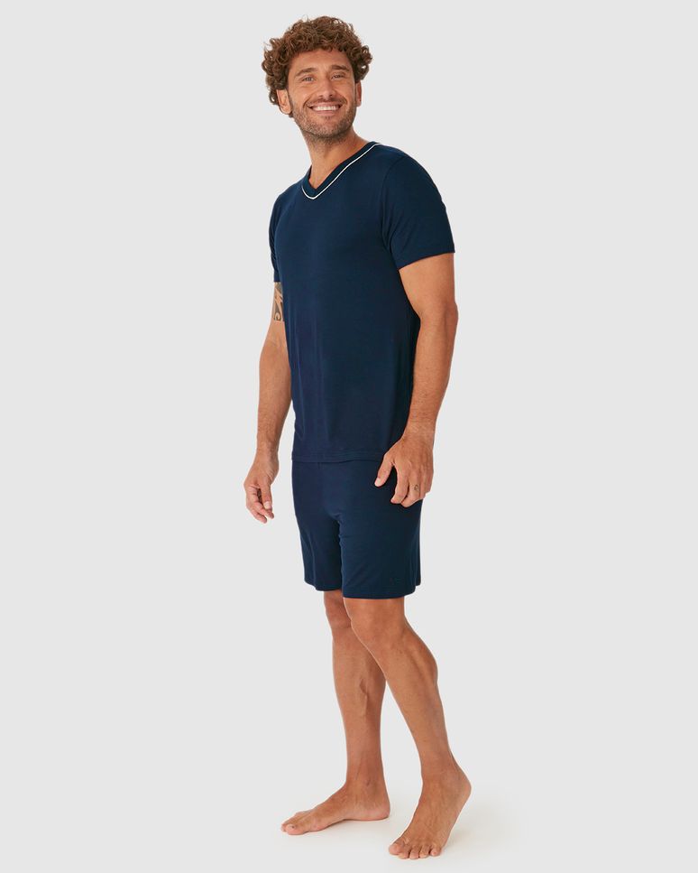 Pijama Curto Masculino Camiseta Decote V Contraste Em Viscose Stretch
