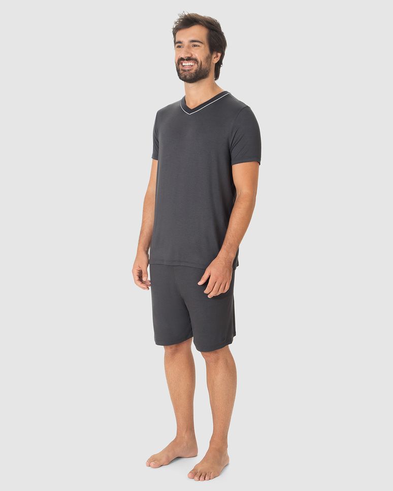 Pijama Curto Masculino Camiseta Decote V Contraste Em Viscose Stretch