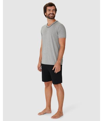 Pijama Curto Masculino Camiseta Decote V Contraste Em Viscose Stretch