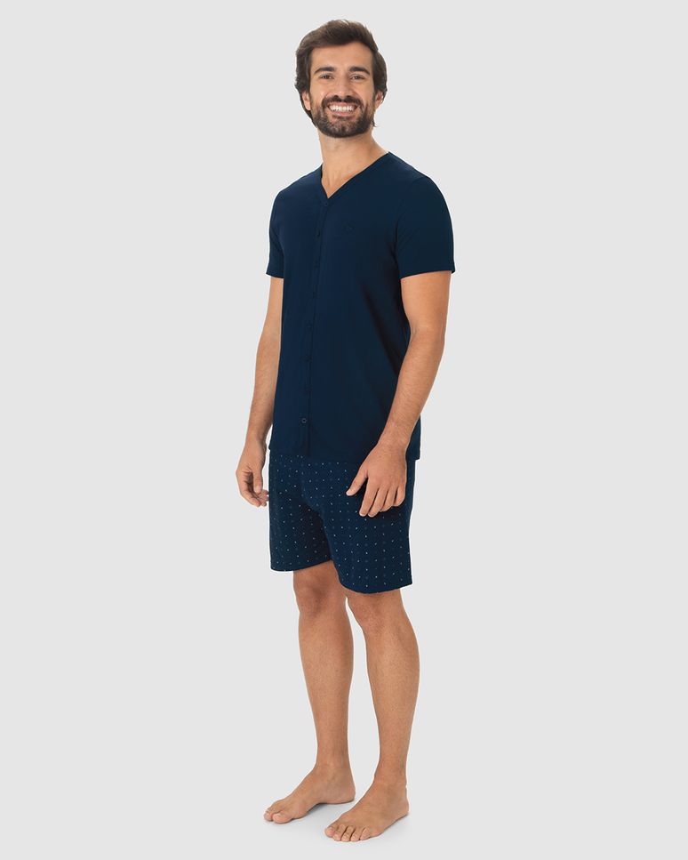 Pijama Curto Masculino Camiseta Decote V Abotoamento Frontal Em Algodão