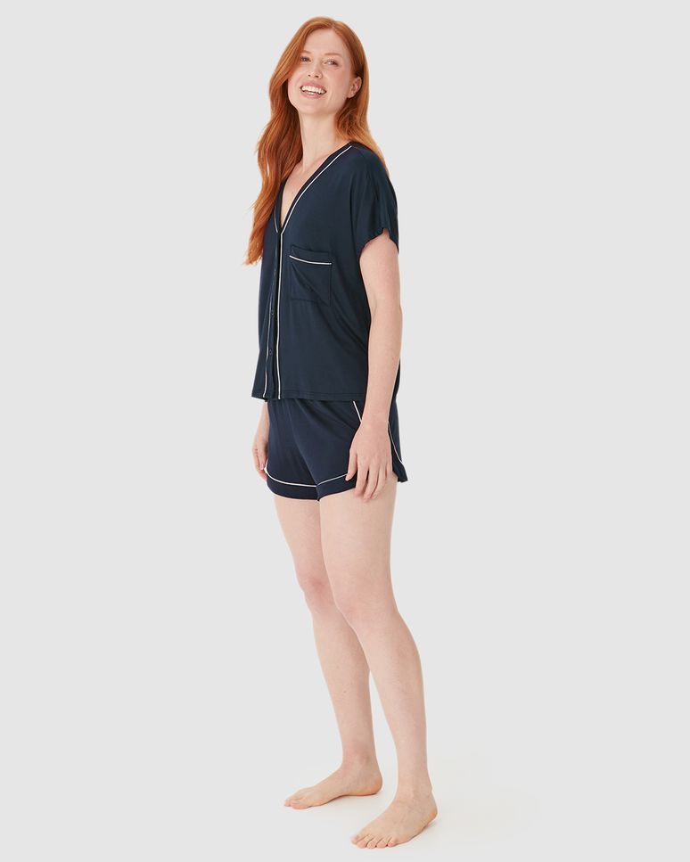 Pijama Curto Feminino Blusa Abotoamento Frontal E Shorts Em Viscose Stretch
