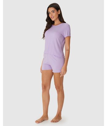 Pijama Curto Feminino Blusa Manga Curta E Shorts Em Malha De Viscose Canelada