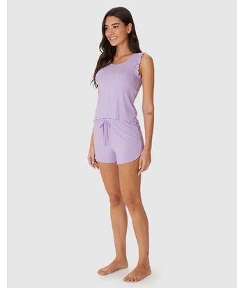 Pijama Curto Feminino Regata Detalhe Babado Em Malha De Viscose Canelada