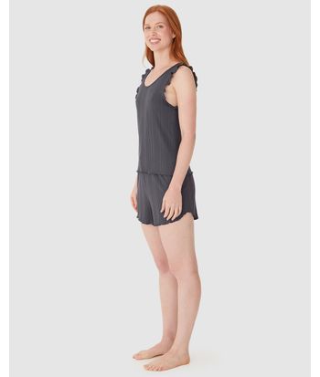 Pijama Curto Feminino Regata Detalhe Babado Em Malha De Viscose Canelada