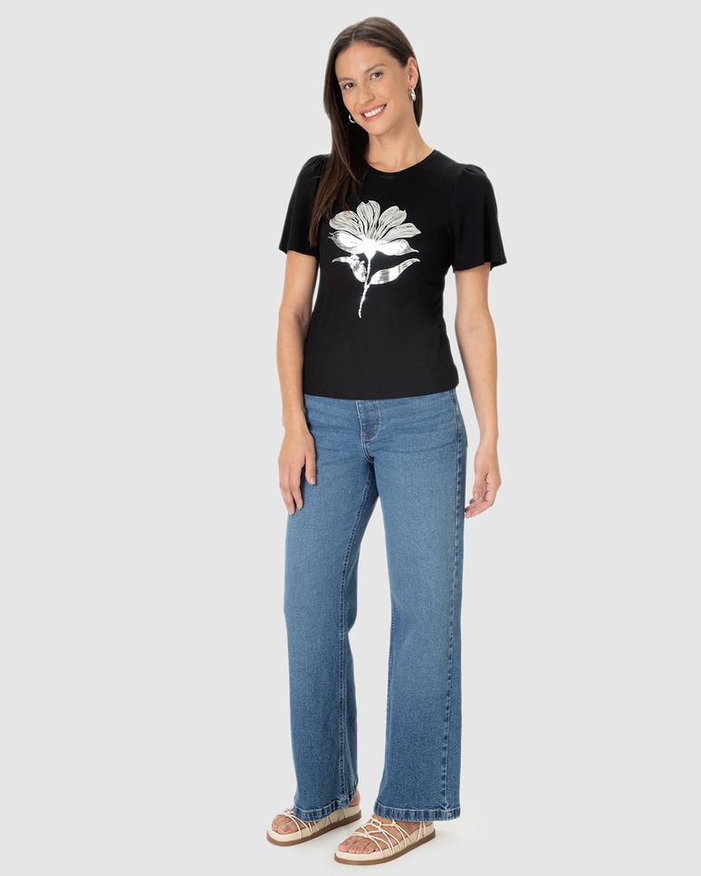 Camiseta Feminina Manga Curta Franzida Estampa Foil Em Viscose Stretch