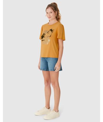 Camiseta Feminina Manga Curta Franzida Estampa Foil Em Viscose Stretch
