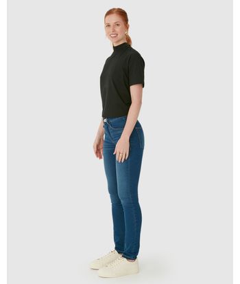 Calça Skinny Feminina Cintura Média Bolso Funcional Em Jeans Stretch