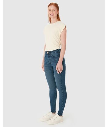 Calça Skinny Feminina Cintura Média Alta Funcional Em Jeans Stretch
