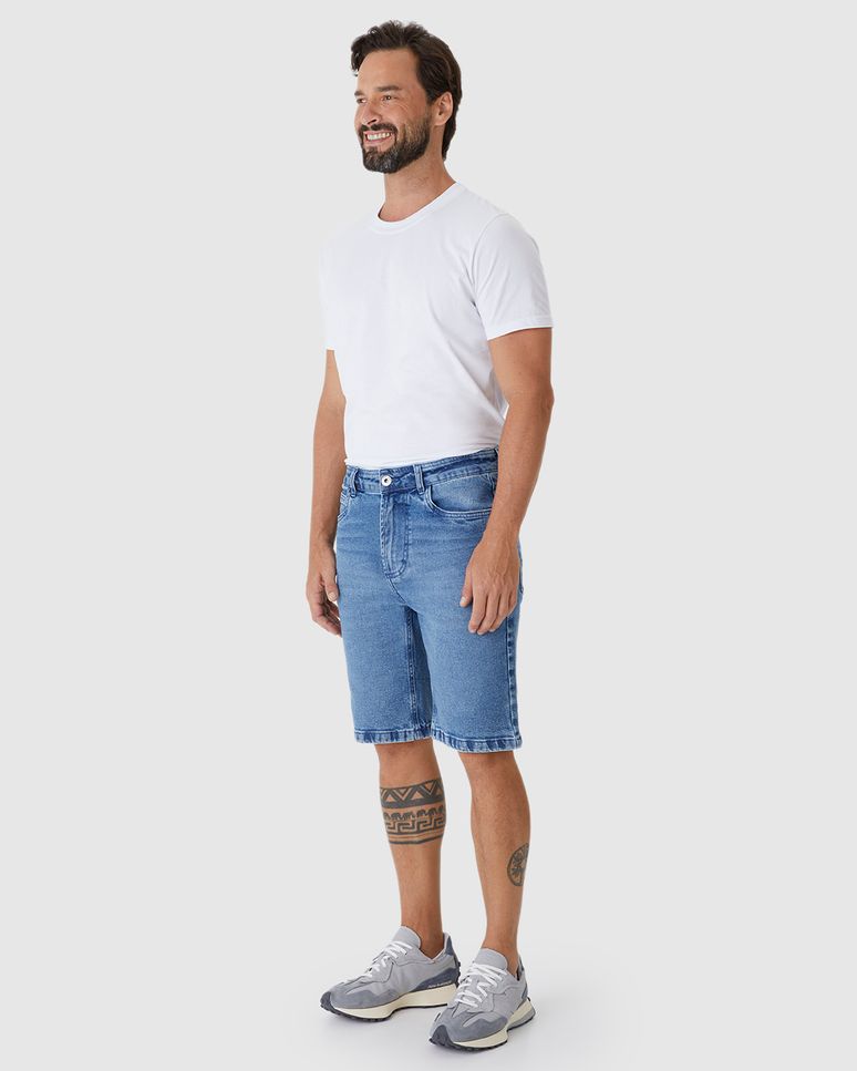 Bermuda Slim Masculina Cintura Média Bolso Funcional Em Jeans Stretch