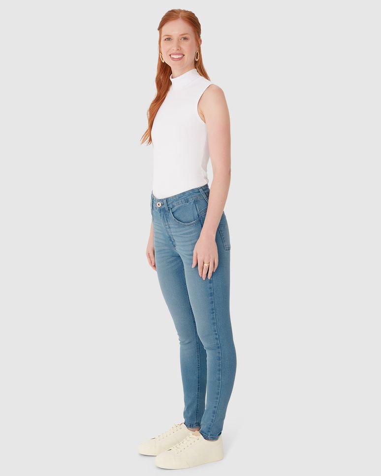 Calça Skinny Feminina Push Up Cintura Alta Em Jeans Com Elastano