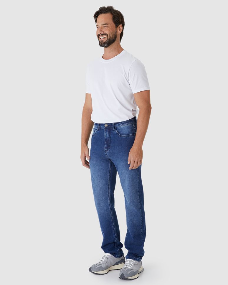 Calça Reta Masculina Cintura Média Em Jeans Moletom Stretch