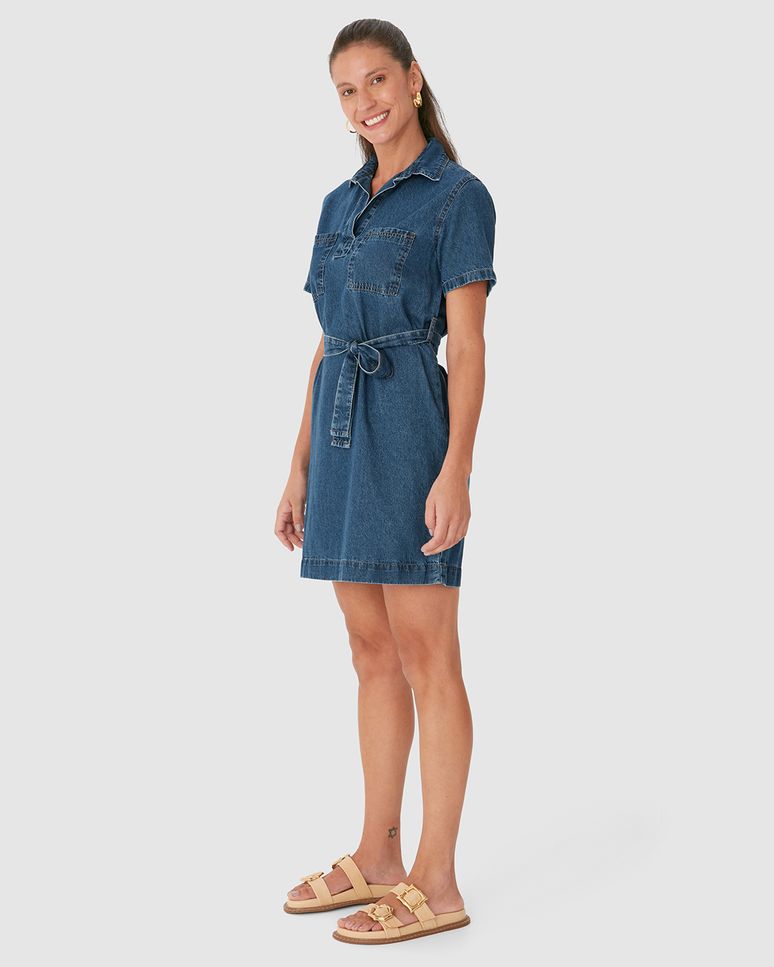 Vestido Polo Feminino Bolso Frontal E Cinto Em Jeans Leve