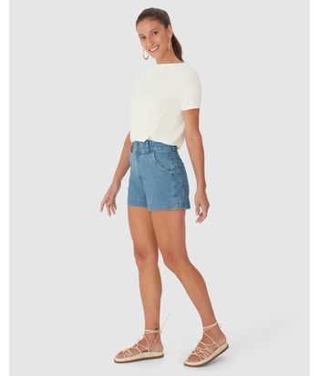 Shorts Feminino Mom Abotoamento Duplo Em Jeans Com Elastano