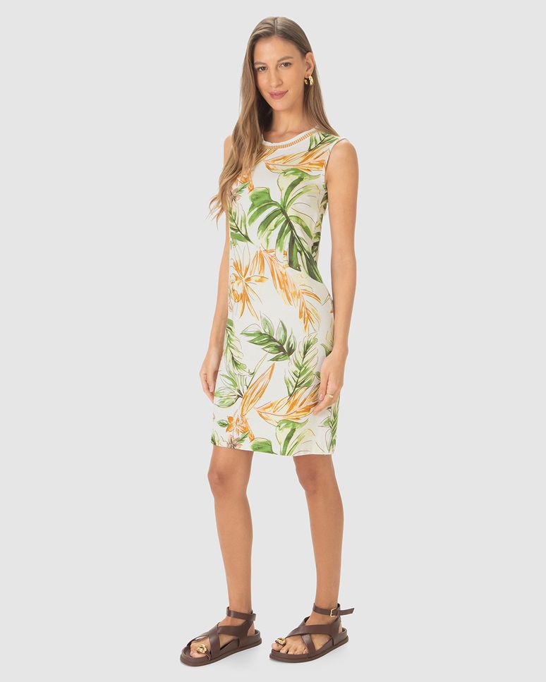 Vestido Feminino Estampado Decote U Retilínea Em Malha Viscolinho Stretch