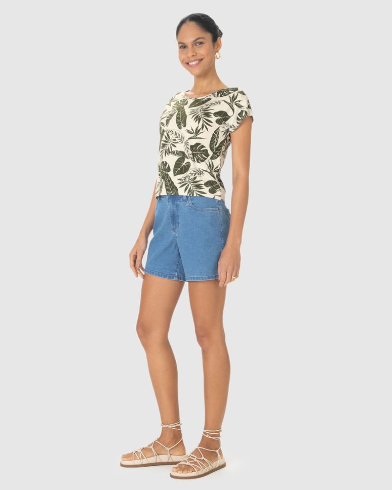 Blusa Feminina Estampada Decote Redondo Manga Curta Em Viscose Stretch