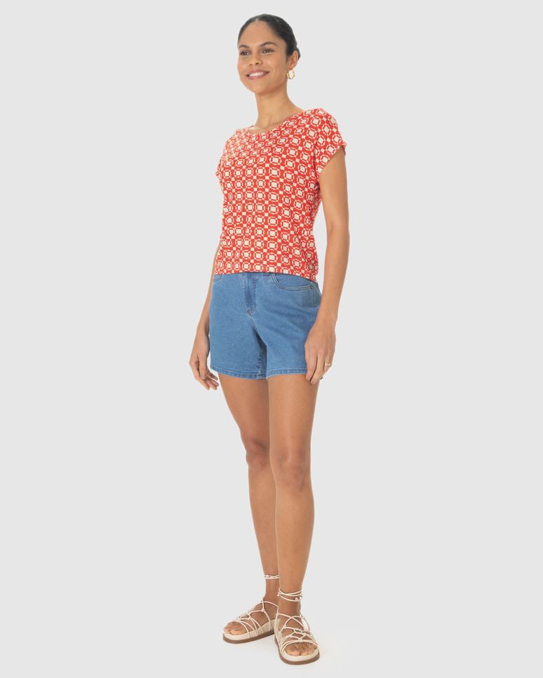 Blusa Feminina Estampada Decote Redondo Manga Curta Em Viscose Stretch