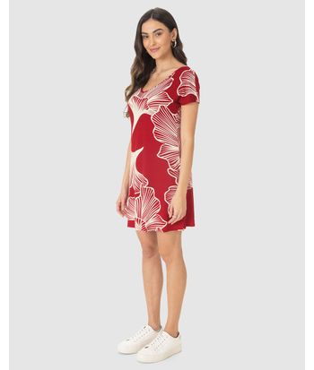 Vestido Feminino Evasê Estampado Decote V Manga Curta Em Viscose Stretch
