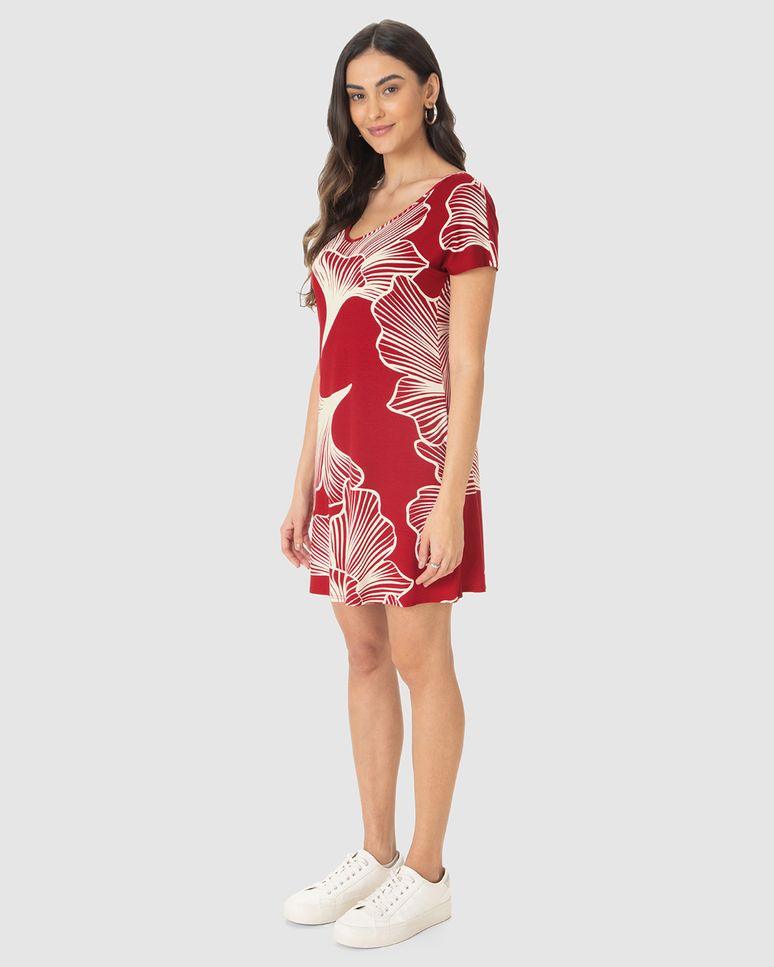 Vestido Feminino Evasê Estampado Decote V Manga Curta Em Viscose Stretch