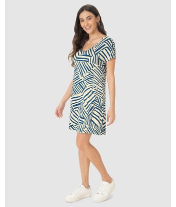 Vestido Feminino Evasê Estampado Decote V Manga Curta Em Viscose Stretch