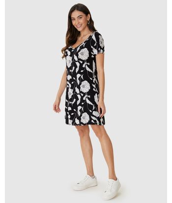 Vestido Feminino Evasê Estampado Decote V Manga Curta Em Viscose Stretch