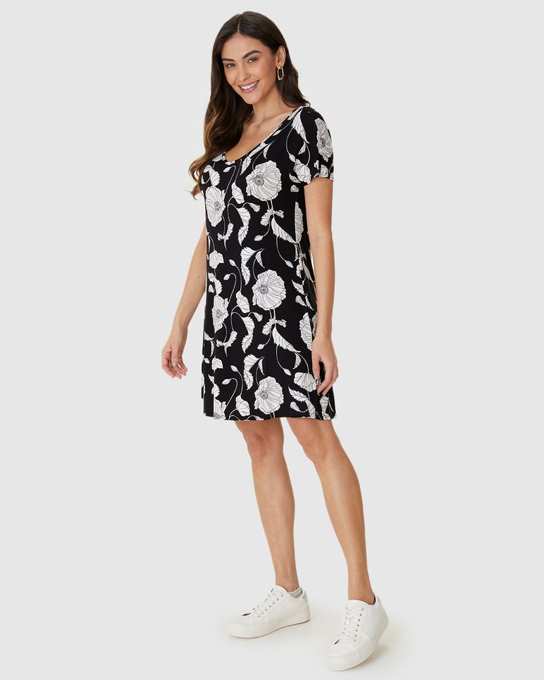 Vestido Feminino Evasê Estampado Decote V Manga Curta Em Viscose Stretch