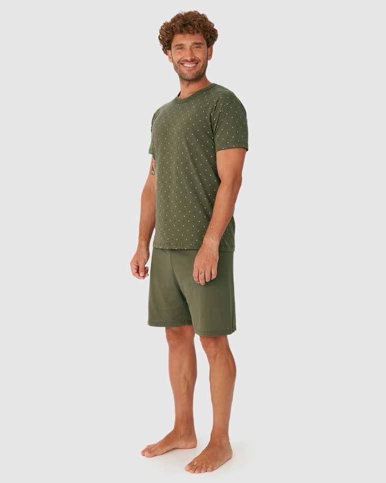 Pijama Curto Masculino Camiseta Estampada E Shorts Em Algodão