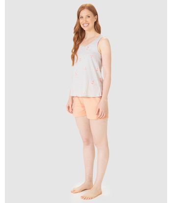 Pijama Curto Feminino Sem Manga Estampado Em Algodão
