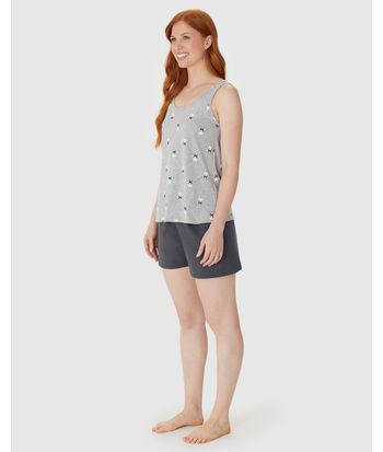 Pijama Curto Feminino Sem Manga Estampado Em Algodão