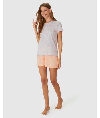 Pijama Curto Feminino Manga Curta Estampado Em Algodão