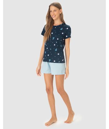 Pijama Curto Feminino Manga Curta Estampado Em Algodão