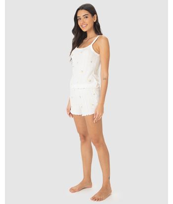 Pijama Curto Feminino Estampado Em Malha Jacquard Texturizada