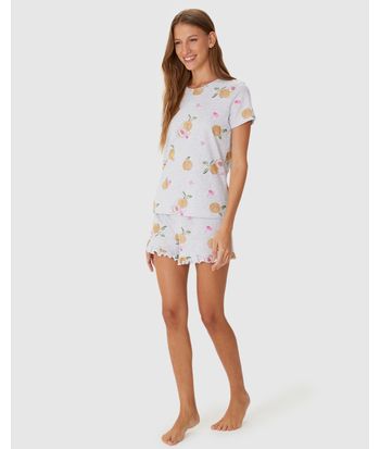 Pijama Curto Feminino Estampado Shorts Barra Picot Em Algodão