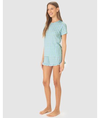 Pijama Curto Feminino Estampado Shorts Barra Picot Em Algodão