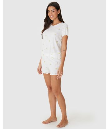 Pijama Curto Feminino Estampado Blusa Manga Curta Malha Jacquard Texturizada